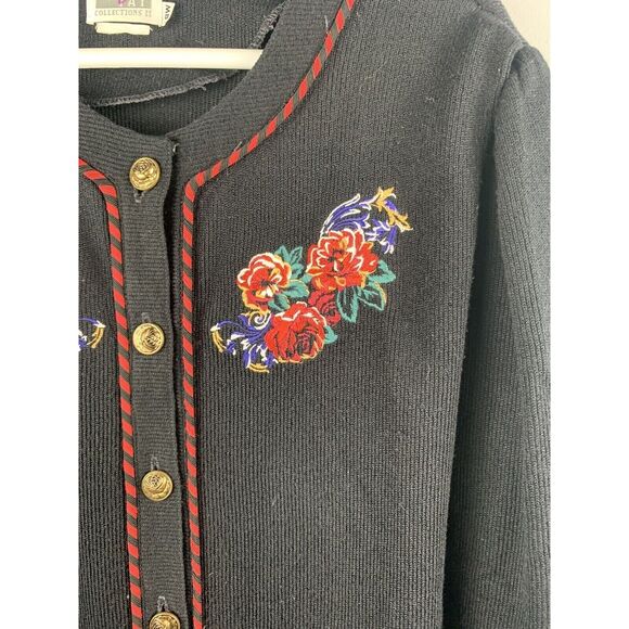 Leslie Fay Sweater Womens Plus 18W Button Up Jacket Black/Red Embroidered Floral - Picture 4 of 5